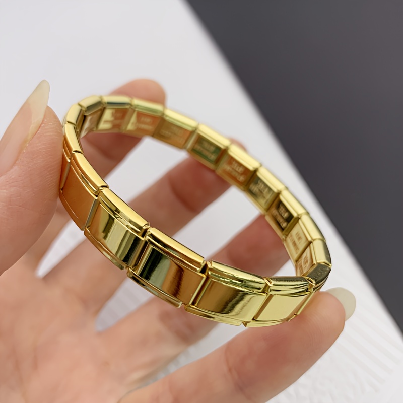 

Stylish Golden Italian Stainless Steel Bracelet, 9mm Wide Square And Stretchable Module, Hip-hop Metal For Men And Women