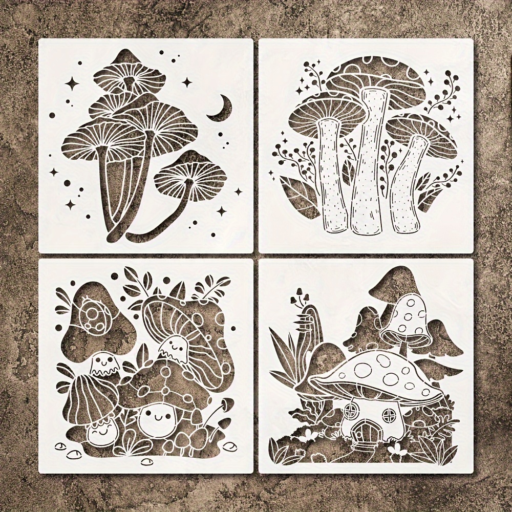 

imaginative Diy" 4-piece Mushroom & Moon Star Stencil Set For Diy Home Decor - Reusable 11.8" Floral Painting Templates For Walls, Wood Signs, Floors, Windows, Canvas Crafts