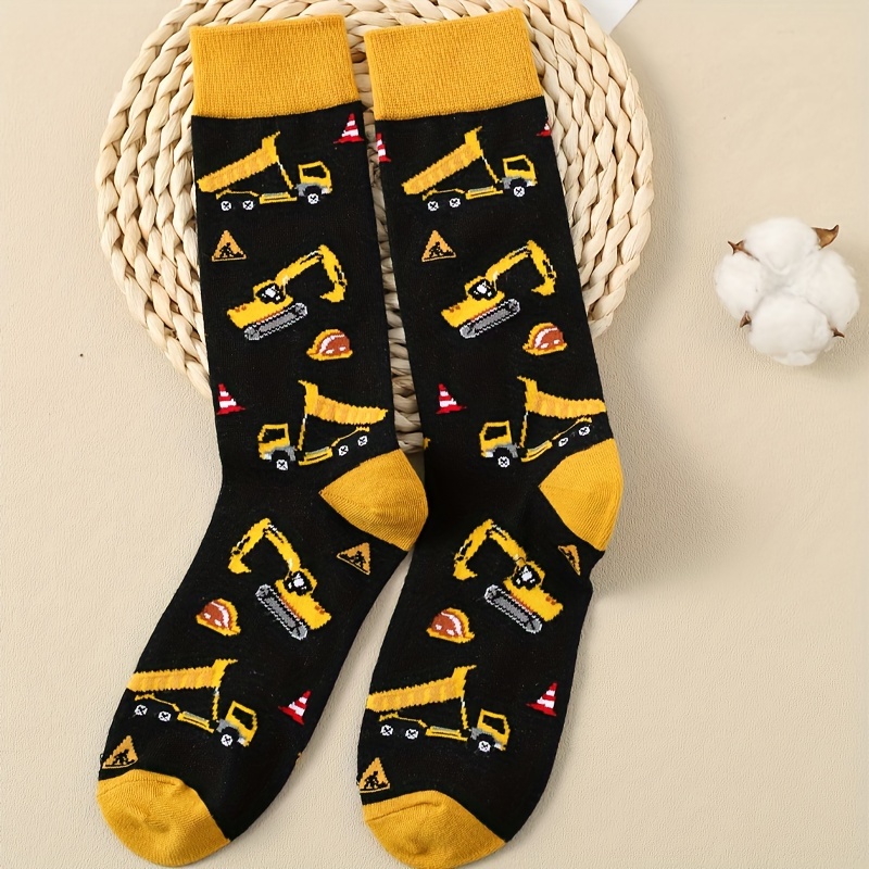 

1 Pair Of Unisex Fashion Novelty Socks, Funny Excavator Patterned Men Women Gift Socks, For Outdoor Wearing & All Wearing