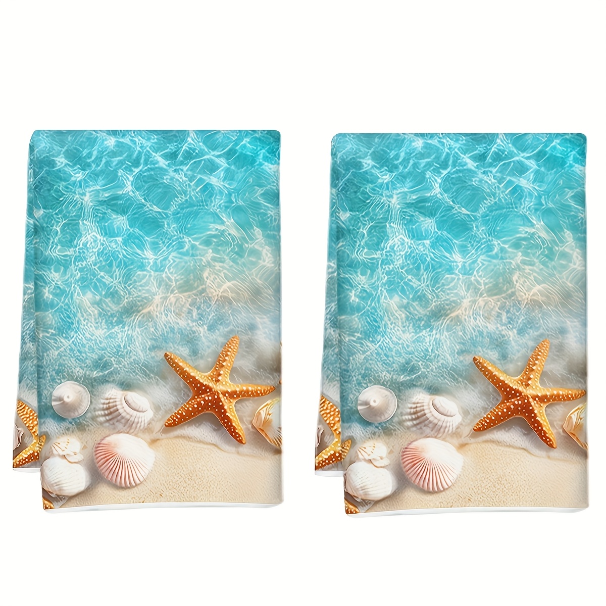 2pcs Tropical Starfish & Seashell Hand Towels - Soft, Absorbent Polyester Kitchen Tea Towels With Ocean , Space-themed Farmhouse Decor, Rectangular Shape, Hand Wash Only, Decor, Kitchen Towels