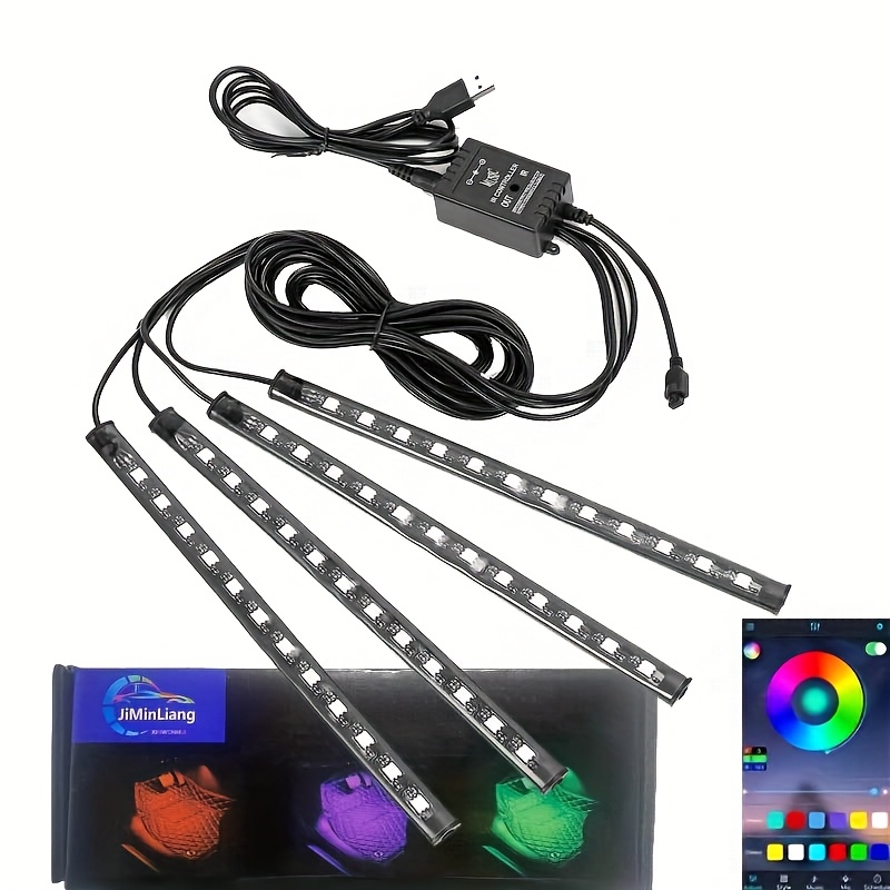 TEMU Rgb Footwell Lights 4 Led Car Interior Lights, App Supports Multiple Mode . Car Floor Light Strips, Suitable For Accessories, Golf Cart