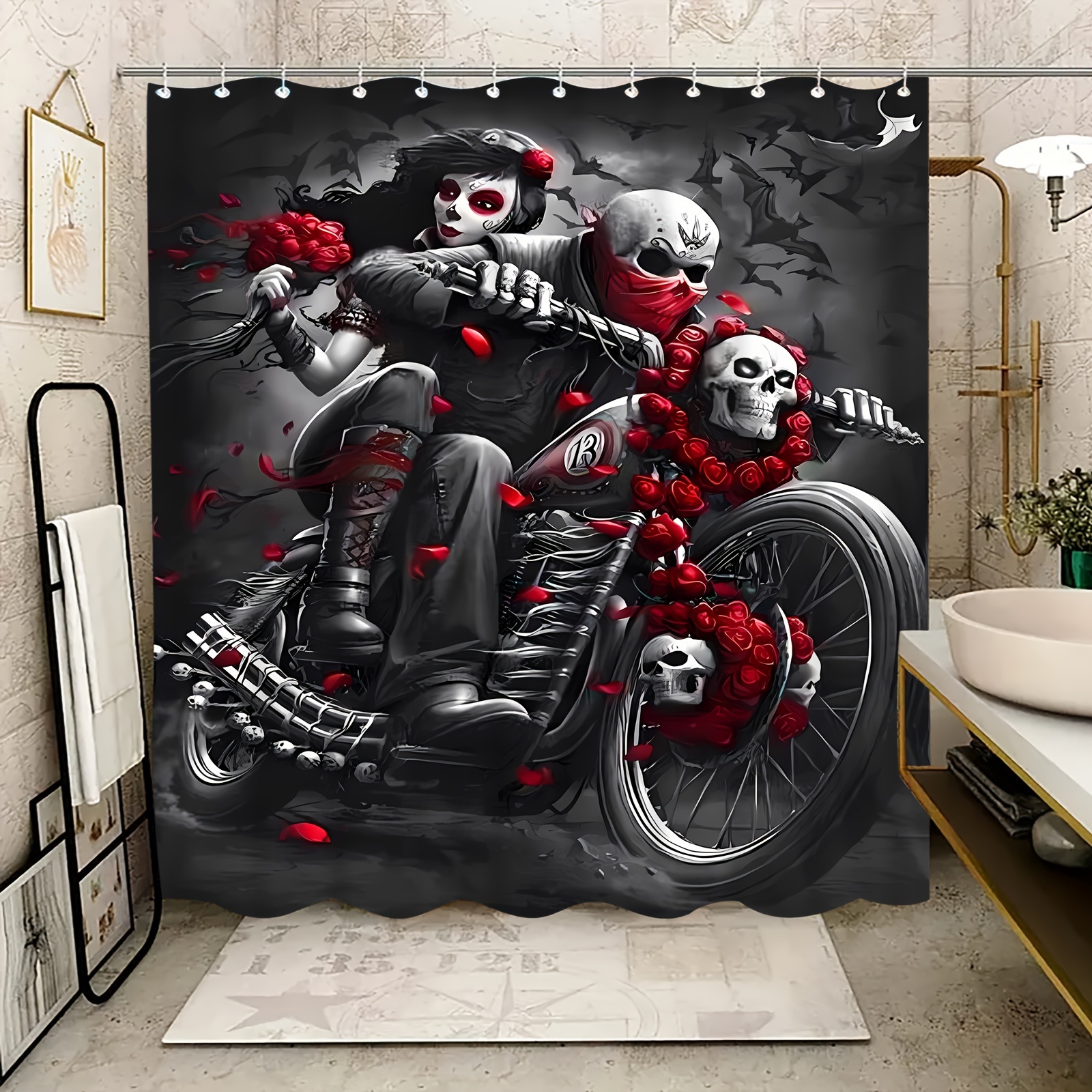 

Rose And Motorcycle Shower Curtain: Artistic, Waterproof, And Seasonal Decor For Your Bathroom