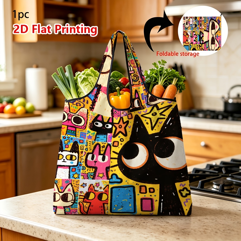 TEMU (printed Design Not Textured) 1pc Reusable Grocery Bags With Cartoon Graffiti Black Cat Pattern Foldable Daily Shopping Bag