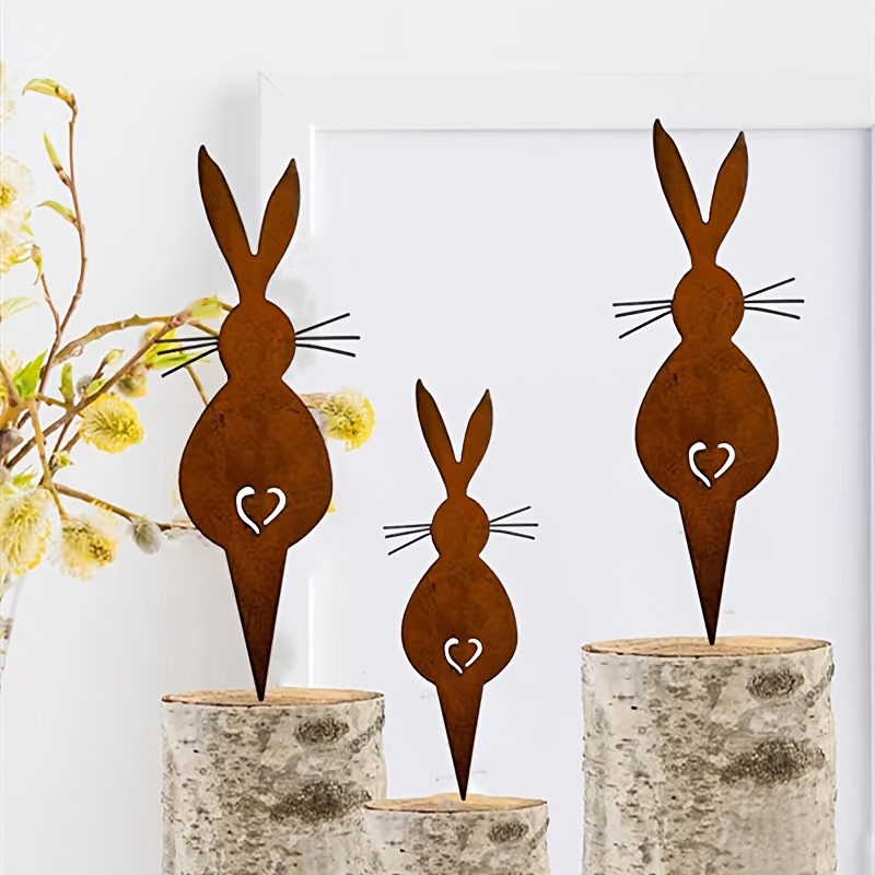 

3pcs Rustic Metal Bunny Landscaping Decorations - Easter, Halloween, Christmas, Easter, Hanukkah, Thanksgiving - Animal Theme, Floor Mount, No Electricity Or Battery Required