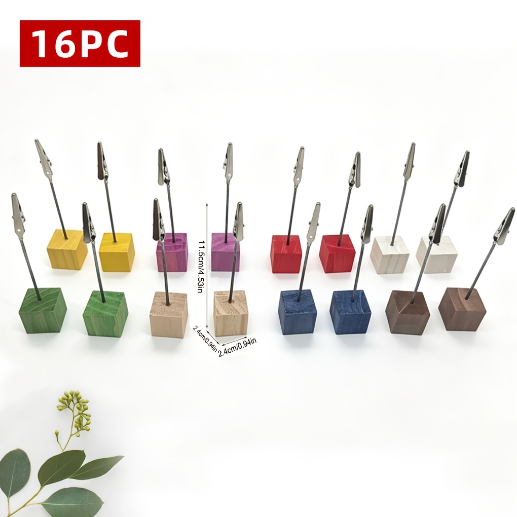 8/16pcs Desktop /10pcs Memo Cards, Wooden Card Holder Photo Clip, Lightweight Wooden Cube Base Memo Clip With Alligator Clip