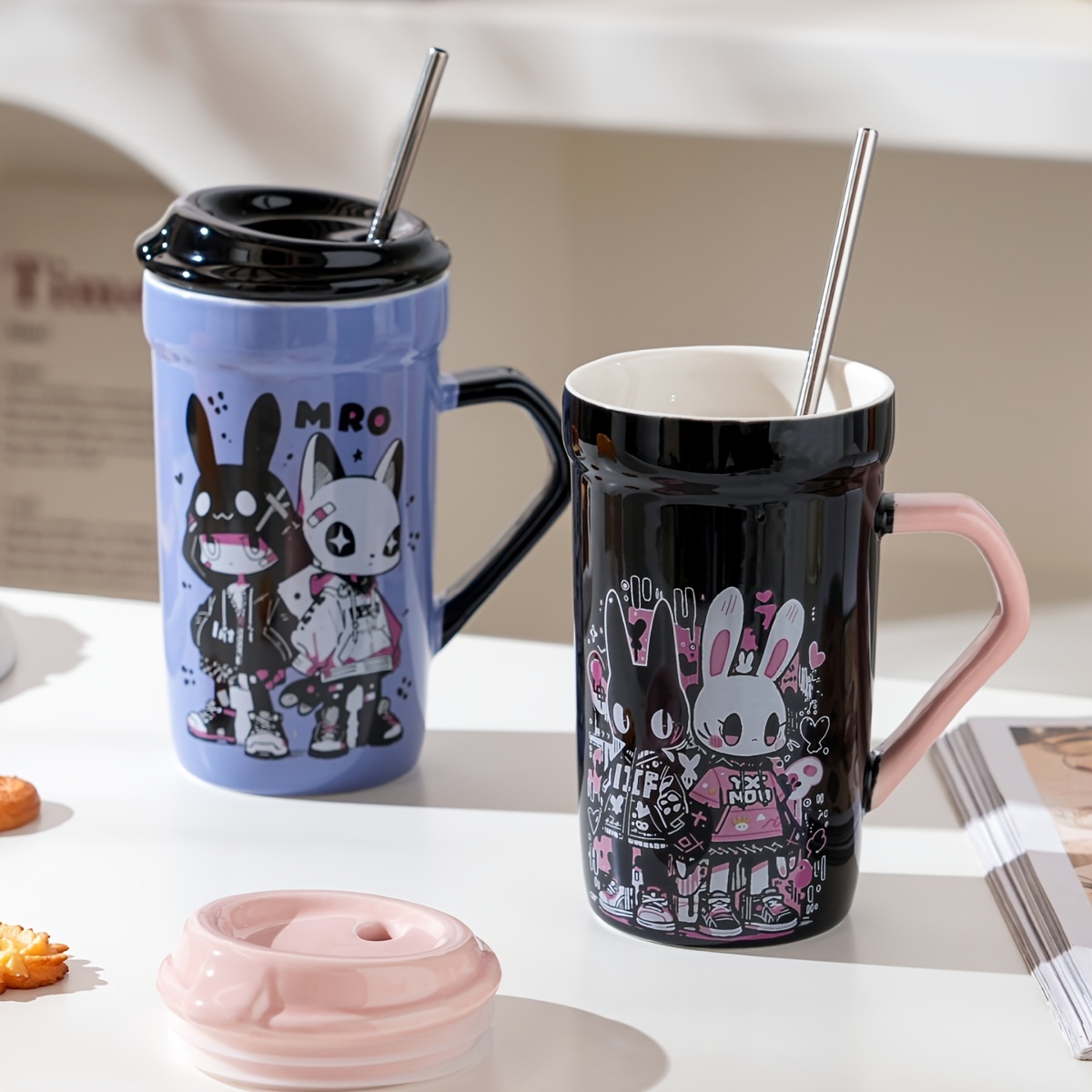 Simpatiche tazze da caffè rosa coniglio con coperchio e cannuccia