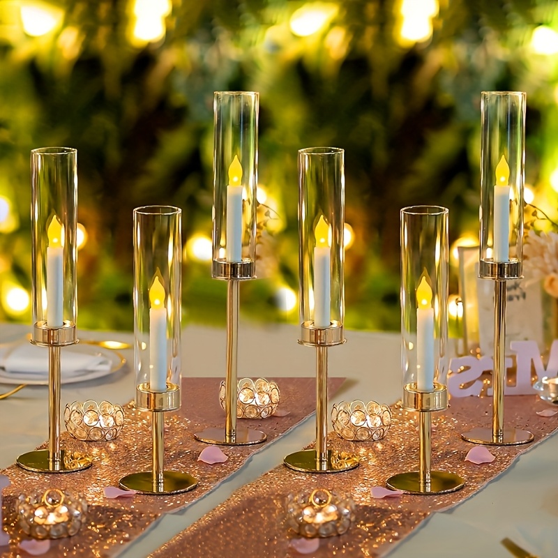 E-shop 6er-Set goldene, lange Glas-Kerzenhalter, Zylinder-Kerzenhalter, winddichte, transparente Kerzenhalter, geeignet für Hochzeitsfeier,