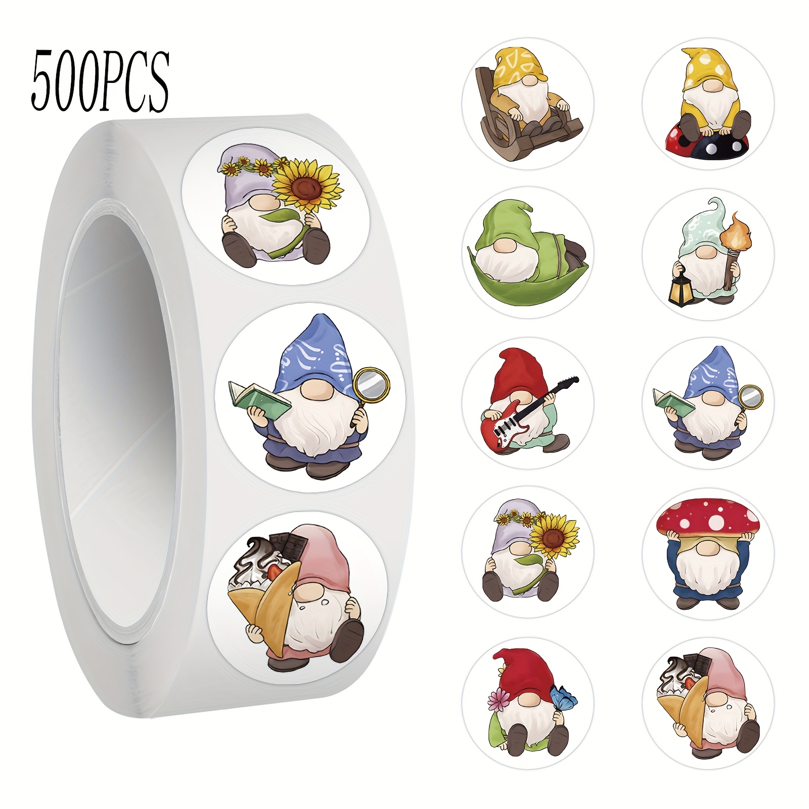 Image of 500pcs Humorous Gnome Sticker Roll Aesthetic Stickers For Scrapbooking, Journals, Laptops, Bumper Stickers, Skateboards, Water Bottles, Computers, Phones, Cartoon Designs, Hard Hats, And Car Stickers