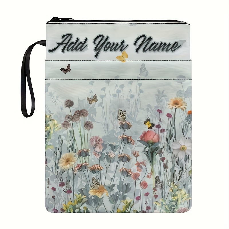 

Custom Name Waterproof Book Tote - Aesthetic Floral Canvas Protector With Zipper & Front Pocket, Daily Use & Christmas Gifts