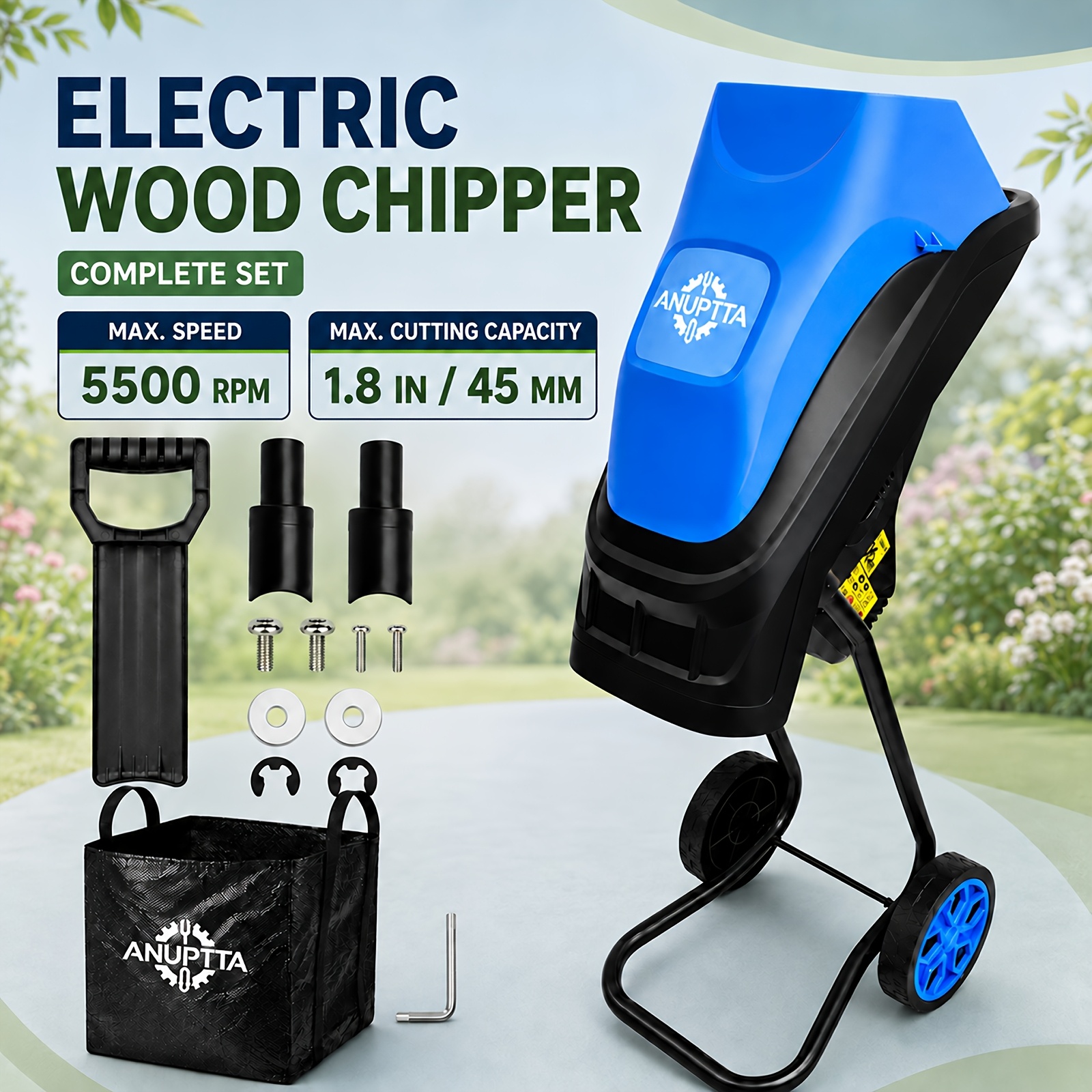 Image of Electric 18a Motor 5500 Rpm Max Cutting Capacity 45mm 1.8 Inch Branches 5.6:1 Reduction Ratio System Bag 7 Inch Wheels Portable Garden For Yard Branch Leaf Waste
