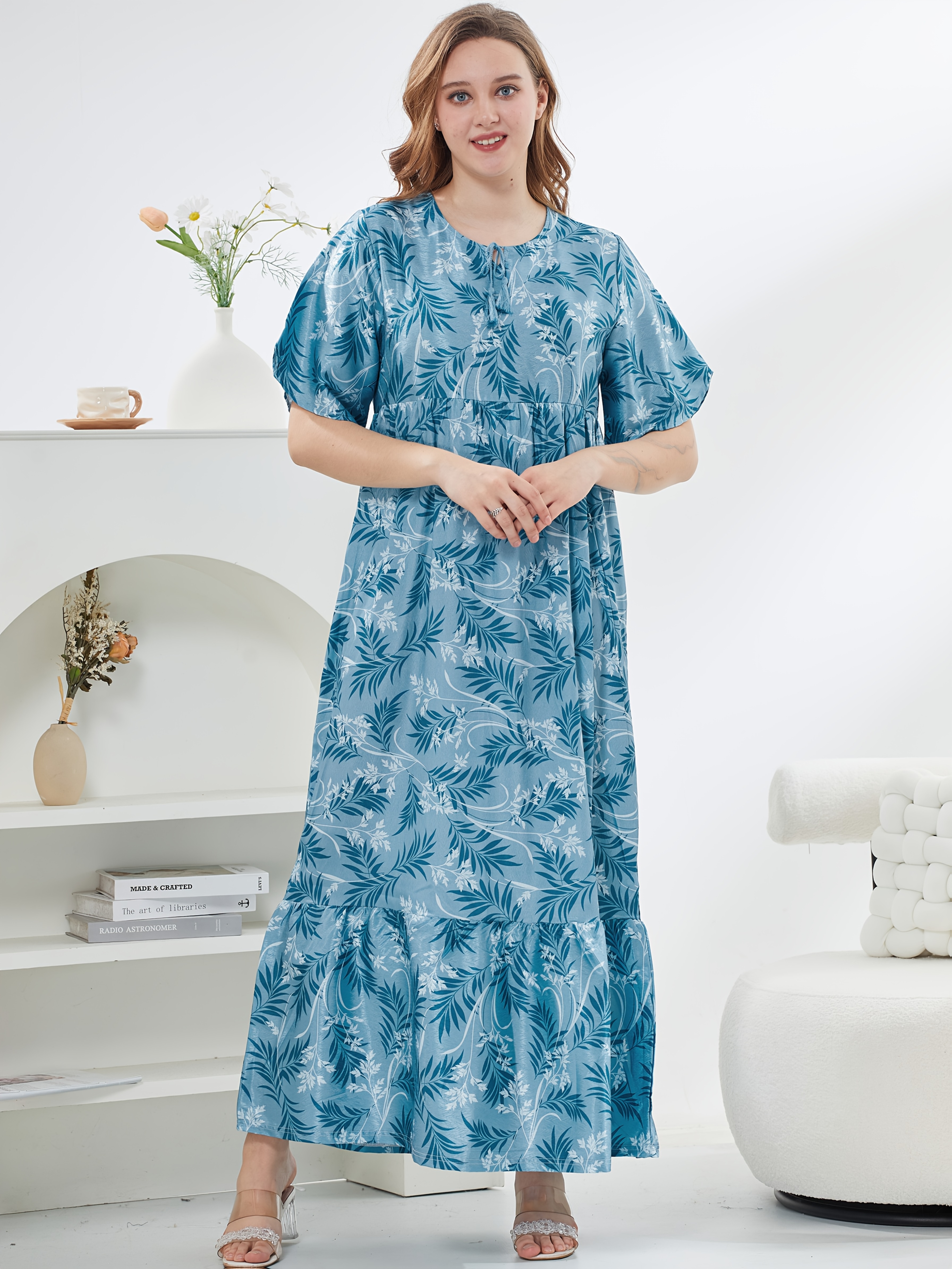 womens blue floral v neck jalabiya dress casual short sleeve - Temu Pakistan