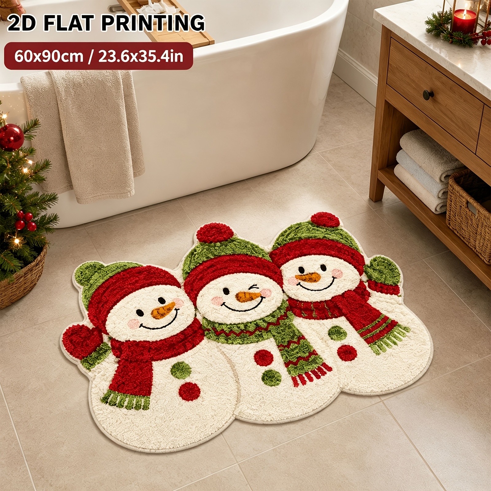 TEMU Tapis de salle de bain plat 2D en velours, 1 pièce, 850g par , avec motif de neige de Noël, tapis de zone décoratif antidérapant, lavable en
