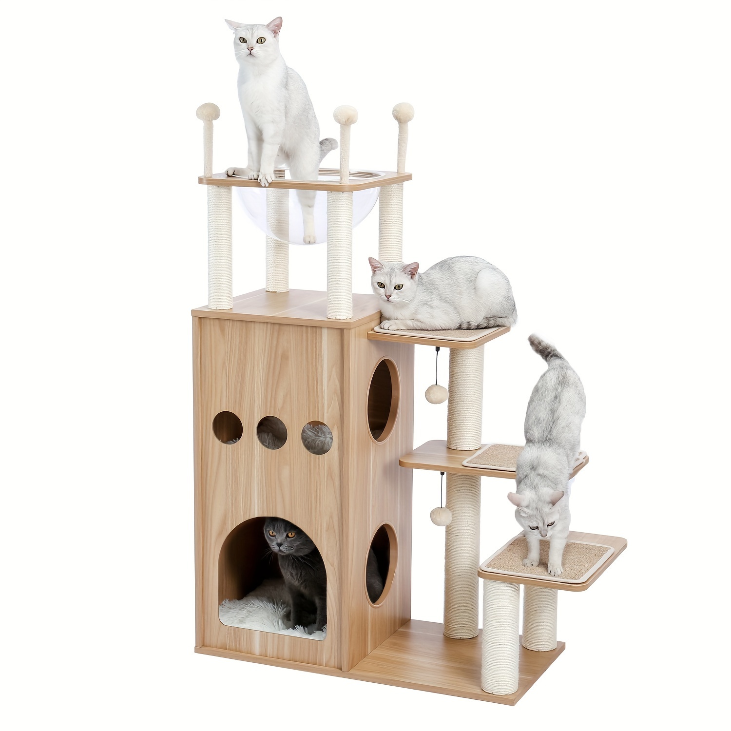 Image of A Luxurious Wooden Cat Tree From Road - 130 Centimeters Tall, Large And Elegant, Equipped With Multiple Scratching Posts, Bringing Fun To Cats