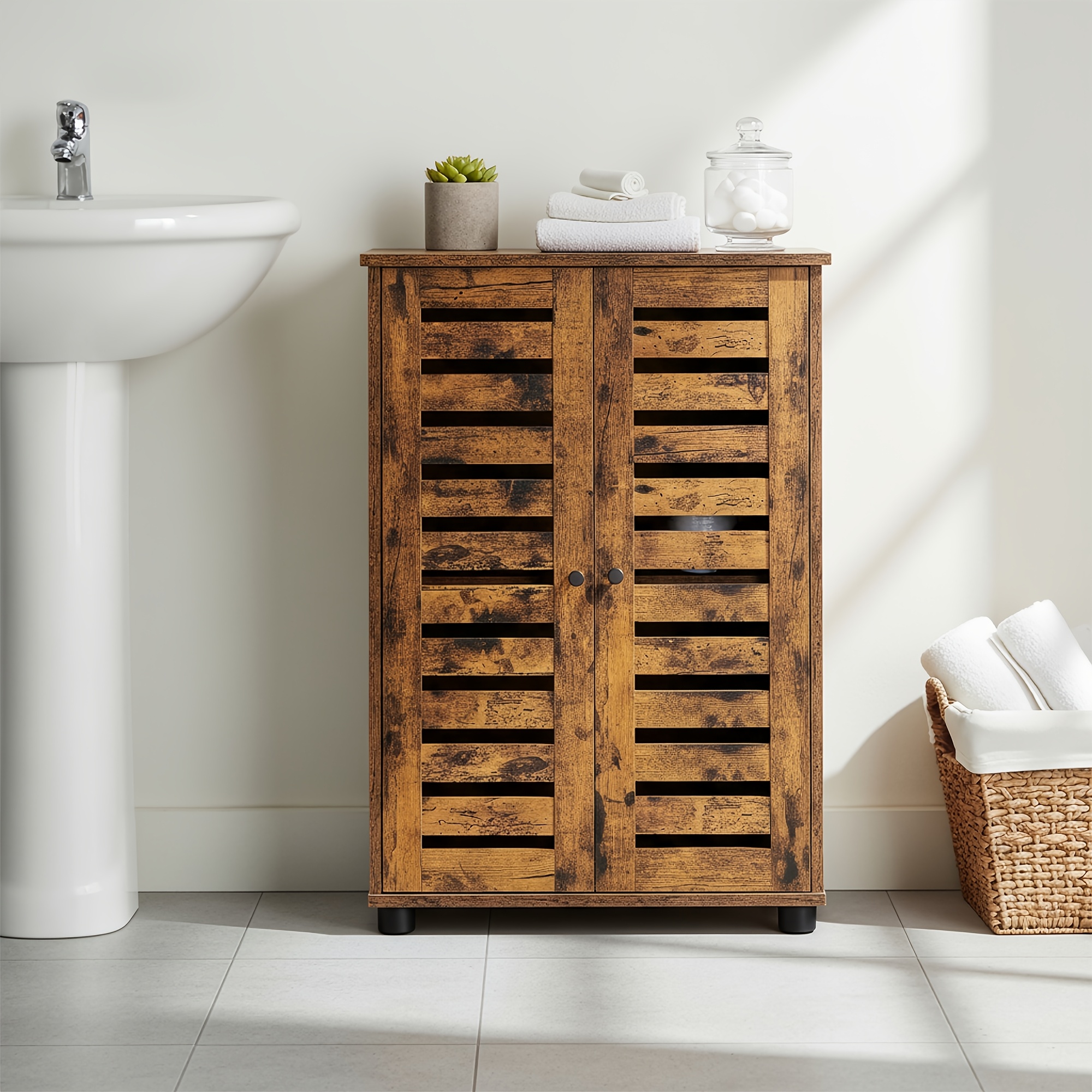 Bathroom Cabinet, Storage Cabinet With Slatted Doors, Side Cabinet With 2 Height-adjustable Shelves, Brown