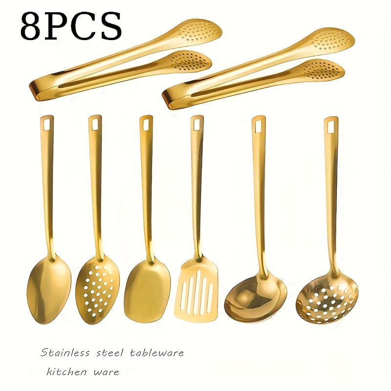 TEMU Golden 8pcs Stainless Steel Kitchenware Set - Soup Spoon, Slotted Spoon, Spatula, Rice Spoon, Bbq Tongs, Suitable For Home, Buffet, Wedding,