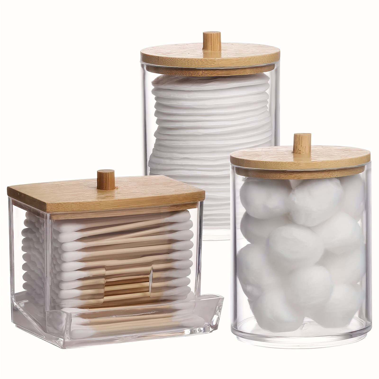 

3-piece Acrylic Qtip Holder Set With Wooden Lids For Cotton Balls, Swabs, Pads - Flip Top Clear Plastic Organizers For Bathroom, Vanity Storage - Unscented, Durable Dispenser Containers