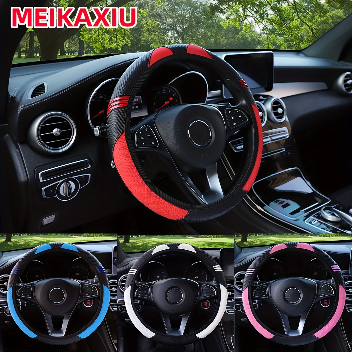 PU Leather Carbon Fiber Cute Cartoon Fashion Steering Wheel Cover Without Inner Ring, Suitable for 37-38cm Car Accessories