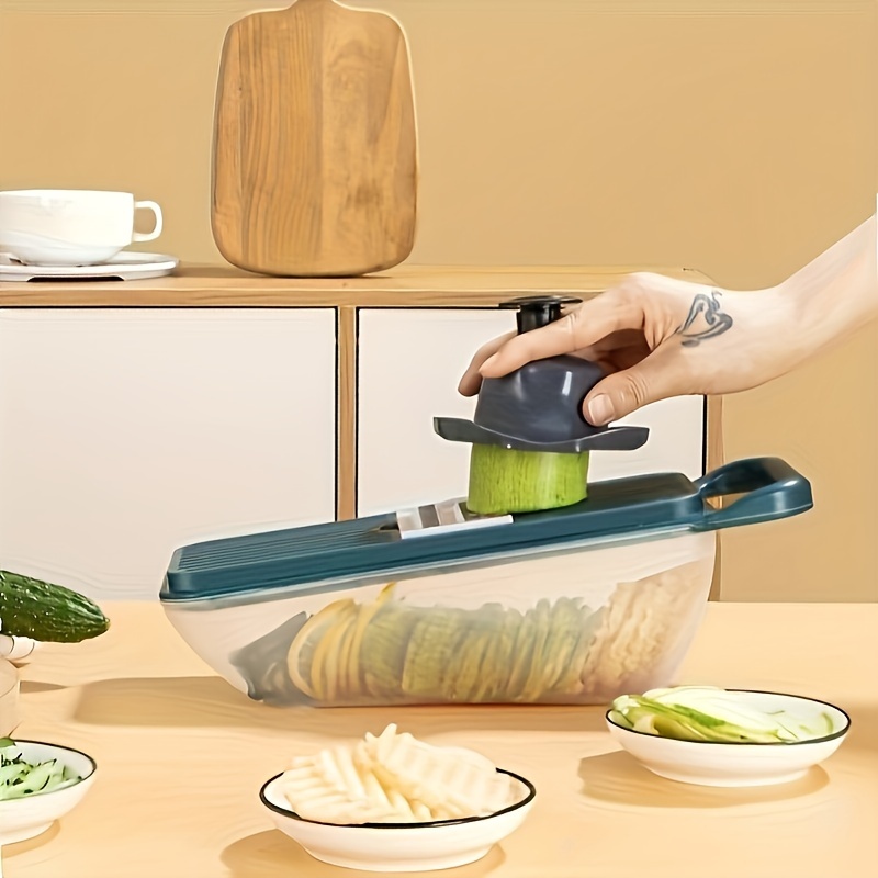 

Multifunctional Manual Mandoline Slicer With 7 Square Blades, Hand Protector, And Built-in Strainer Storage Box - Easy To Clean Plastic Vegetable Cutter With Scraper Included.