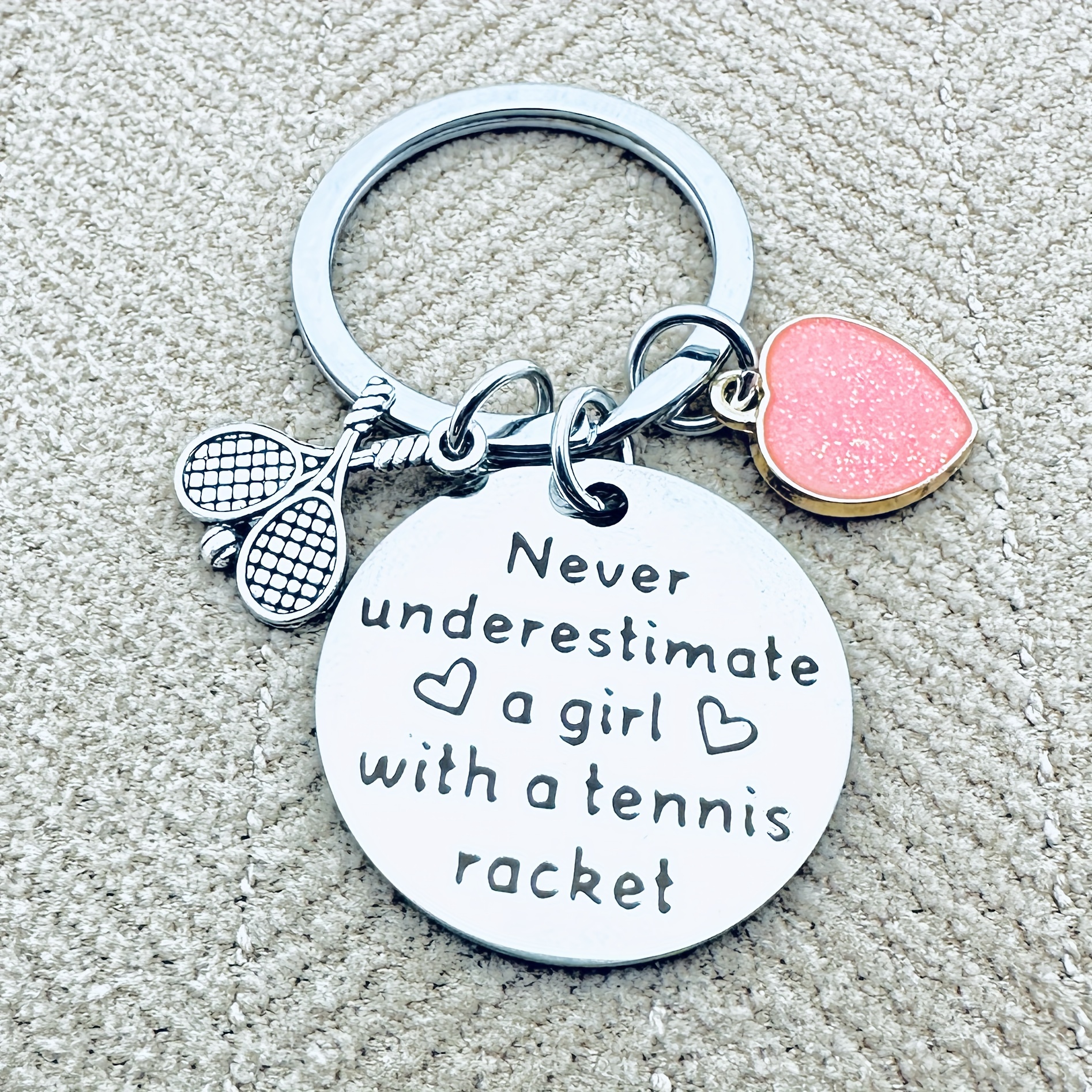 

1pc Stainless Steel Tennis Keychain With Engraved Inspirational Quote, Round Love & Alphabet Theme, Sports Keyring With Ring , Tennis Players, Birthday Festival Gift For Girls