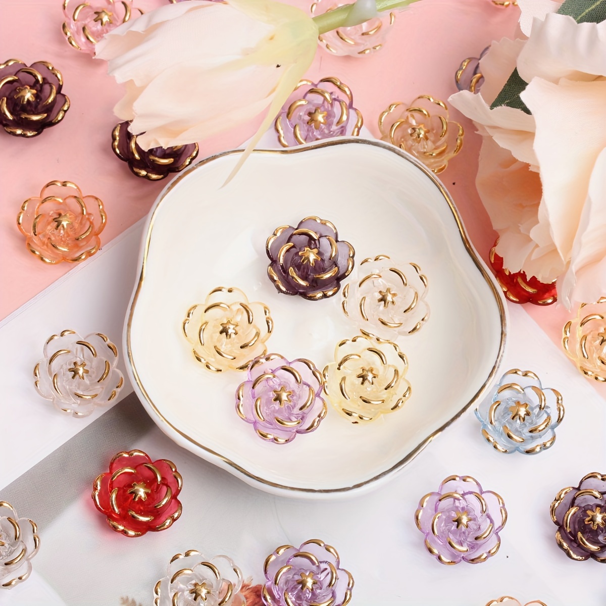

40pcs/lot 18.6mm Acrylic Transparent Rose Flower Button Golden Edge Handmade Crafts Sewing Accessories Jewelry Making Decorations