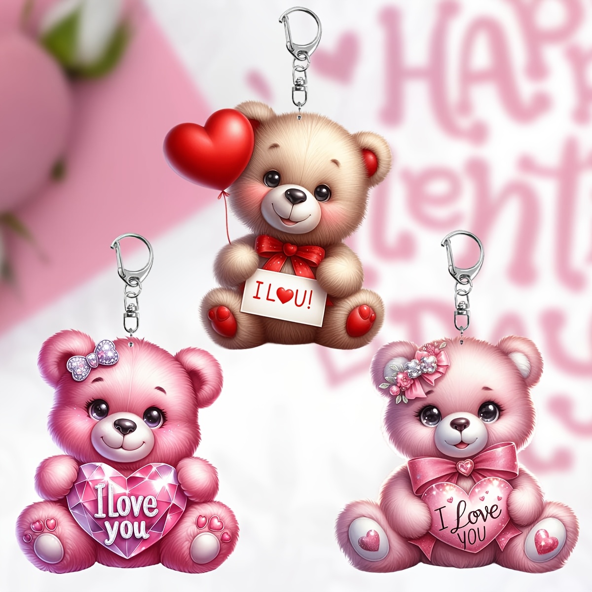 

Valentine's Day Acrylic Bear Keychain, Cartoon Design, Pear-shaped Split Ring Keyring, , Fun Theme, With Romantic Wedding Party Gift For Women' Jewelry Accessory