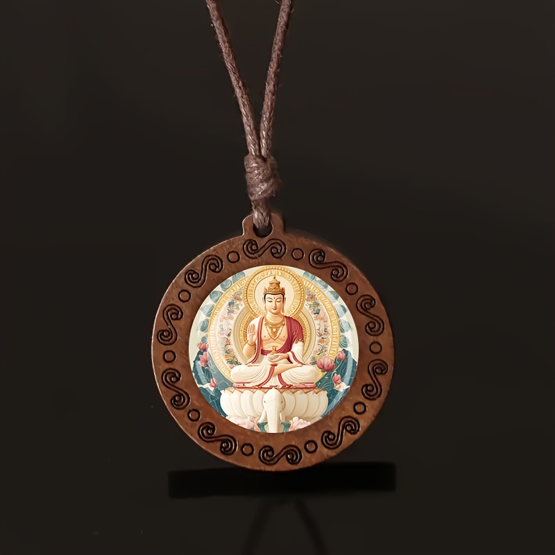 Wooden Buddha Pendant Necklace with Lotus Base, Unisex