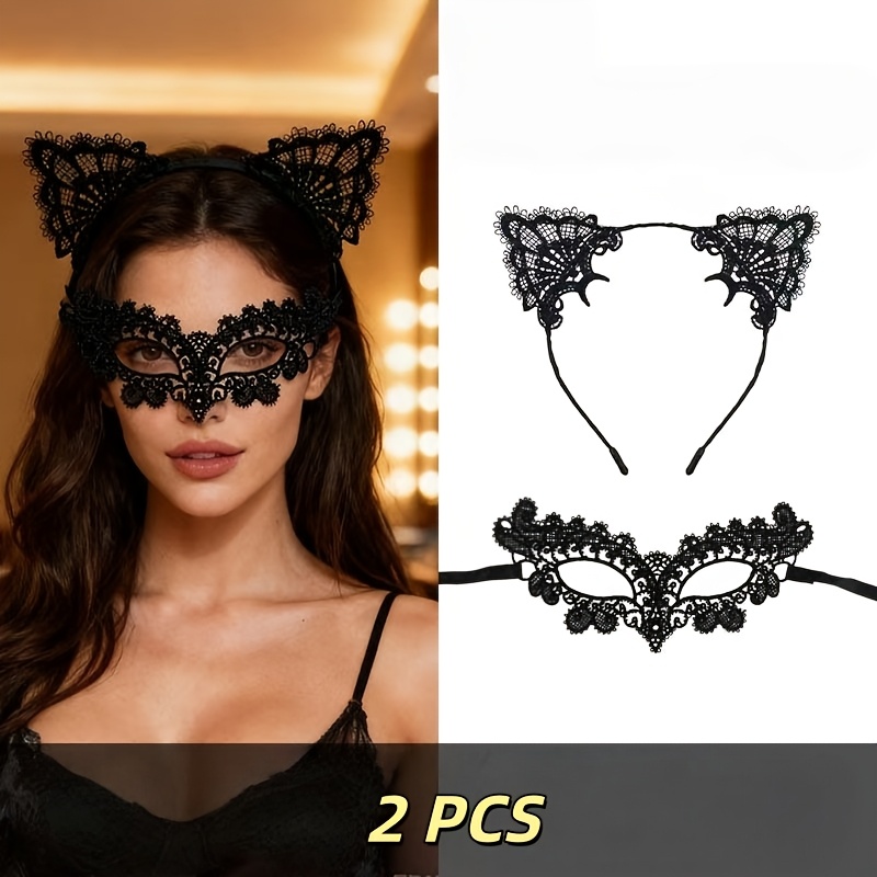 Masquerade Ball Costume Set: Black Lace Half-face Mask & Cat Ear Headband Suitable For - Elegant Gothic Mask For Halloween Cosplay, Themed Parties, Carnival, Masked Balls - Sexy Mysterious Roleplay