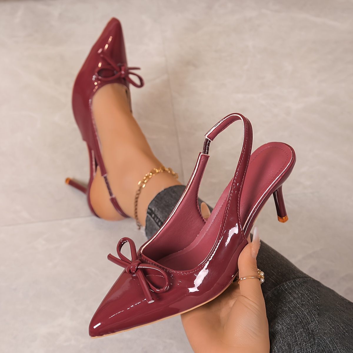 elegant women's stiletto heels solid color elastic back Temu