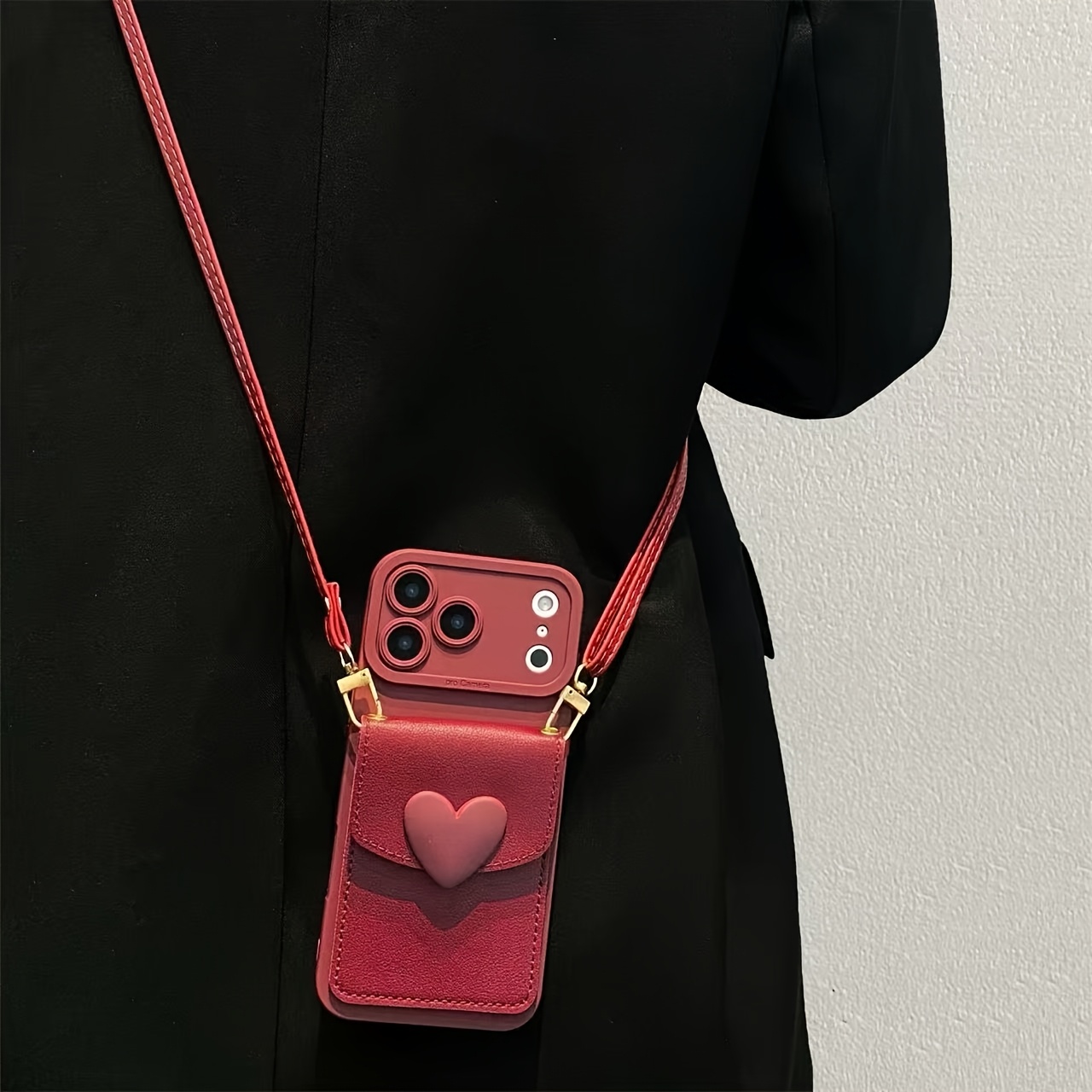 TEMU Coque de téléphone - Étui de carte niche rouge vin avec dragonne inclinée pour téléphone, compatible avec iPhone 17 Pro Max, 16/15/14/13 Pro,