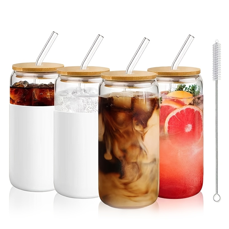 TEMU 4-pack 550ml/18.7oz Glass Cups With Lids, Straws, And Straw Brush For Coffee, Milk Tea, Juice, And Soda - Perfect As Birthday Gifts For Women, ,