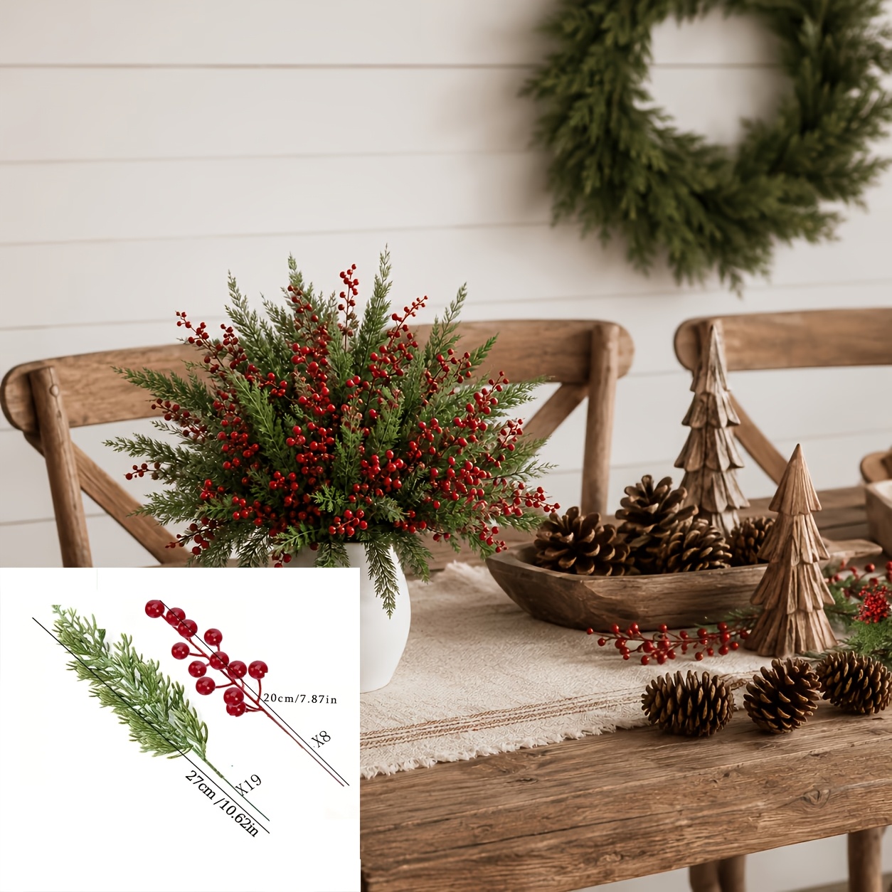 TEMU 27pcs Christmas Artificial Cedar Fir Red Berries Decorations, Artificial Plant Decorations, Christmas Tree Ornaments, Suitable For Home Decor,