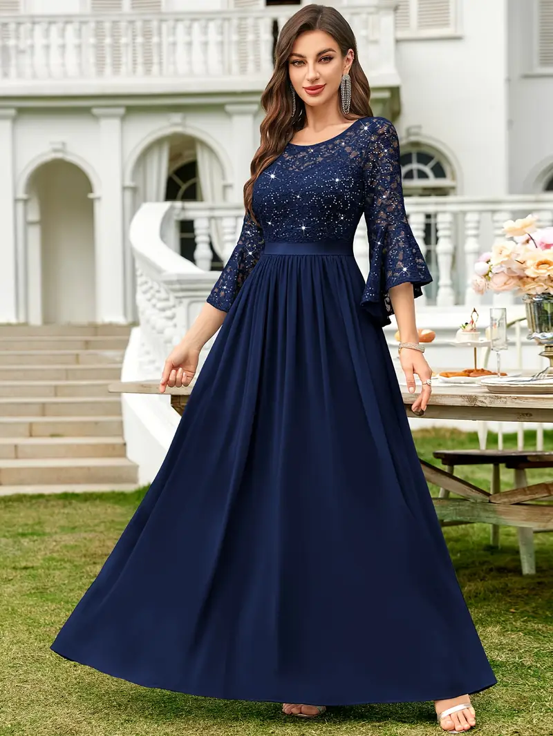 Women'S Elegant Scoop Neck Sequin Lace Chiffon Swing Hem Retro Flounce Sleeve * Long Dress Women'S Elegant Scoop Neck Sequin Lace Chiffon Swing Hem Retro Flounce Sleeve * Long Dress