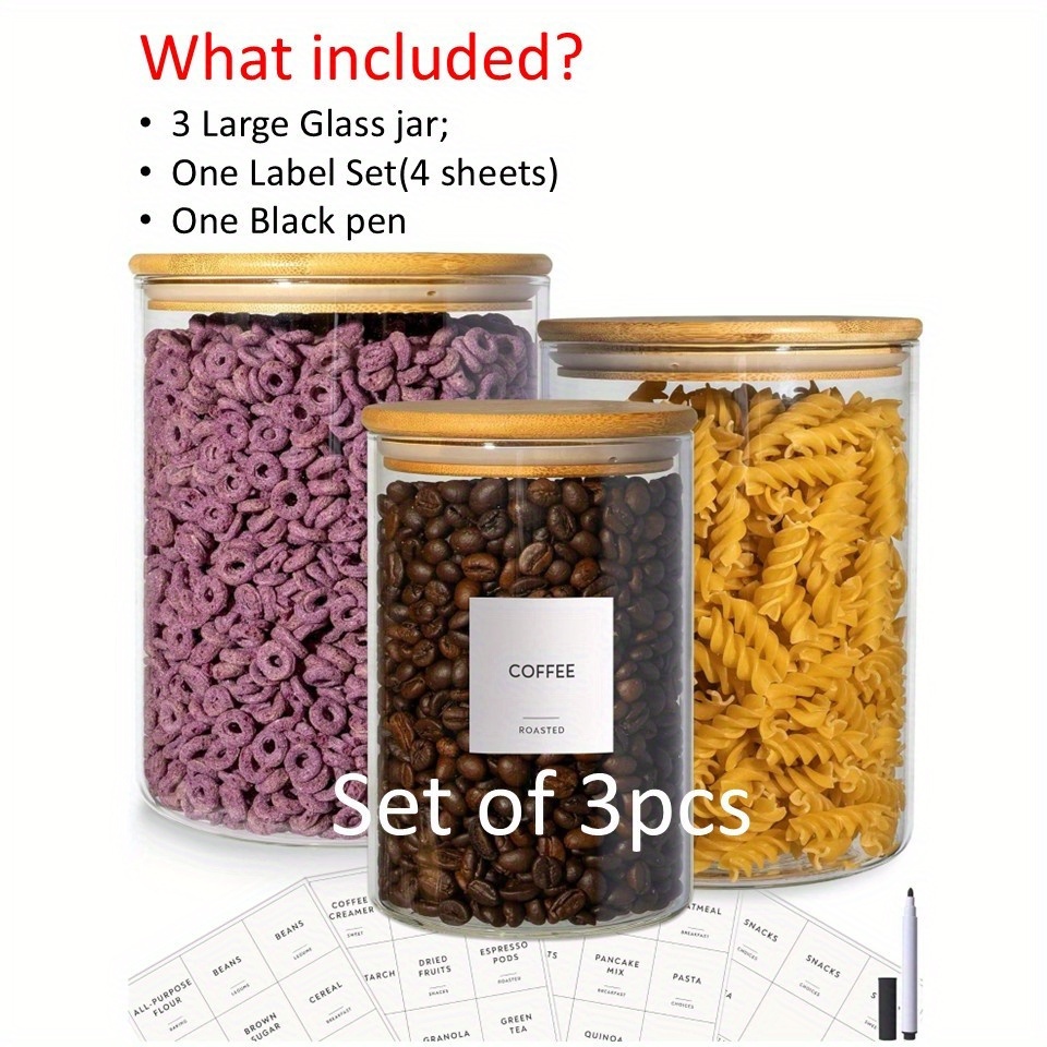 TEMU 3pcs Glass Jar Set (1x /1x 68oz/1x 101oz) With Printed Pantry Labels, (1x1000/1x2000/1x2900ml) Round Canister Jars With Bamboo Lids And White