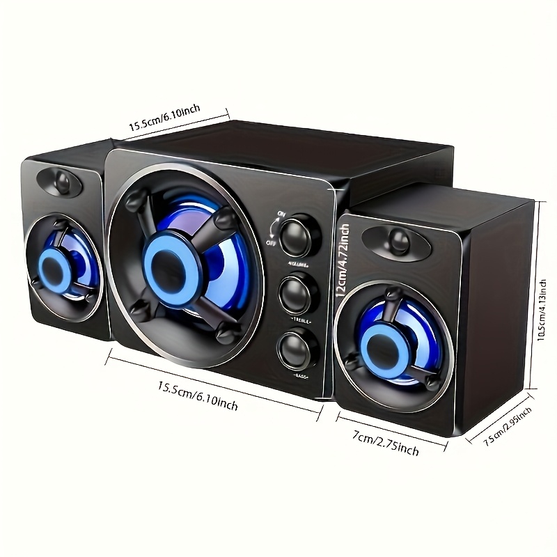 Split Three-Speaker Computer Audio USB Wired Independent Bass and Treble Knob Adjustment Hi-Fi Stereo Speakers