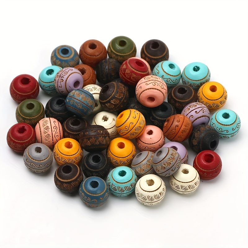 

30pcs Mixed Colors Natural Wood Beads 10mm Loose Colored Wooden Beads Carved Decorative Pattern Round Balls Beads For Jewelry Making Diy Accessory