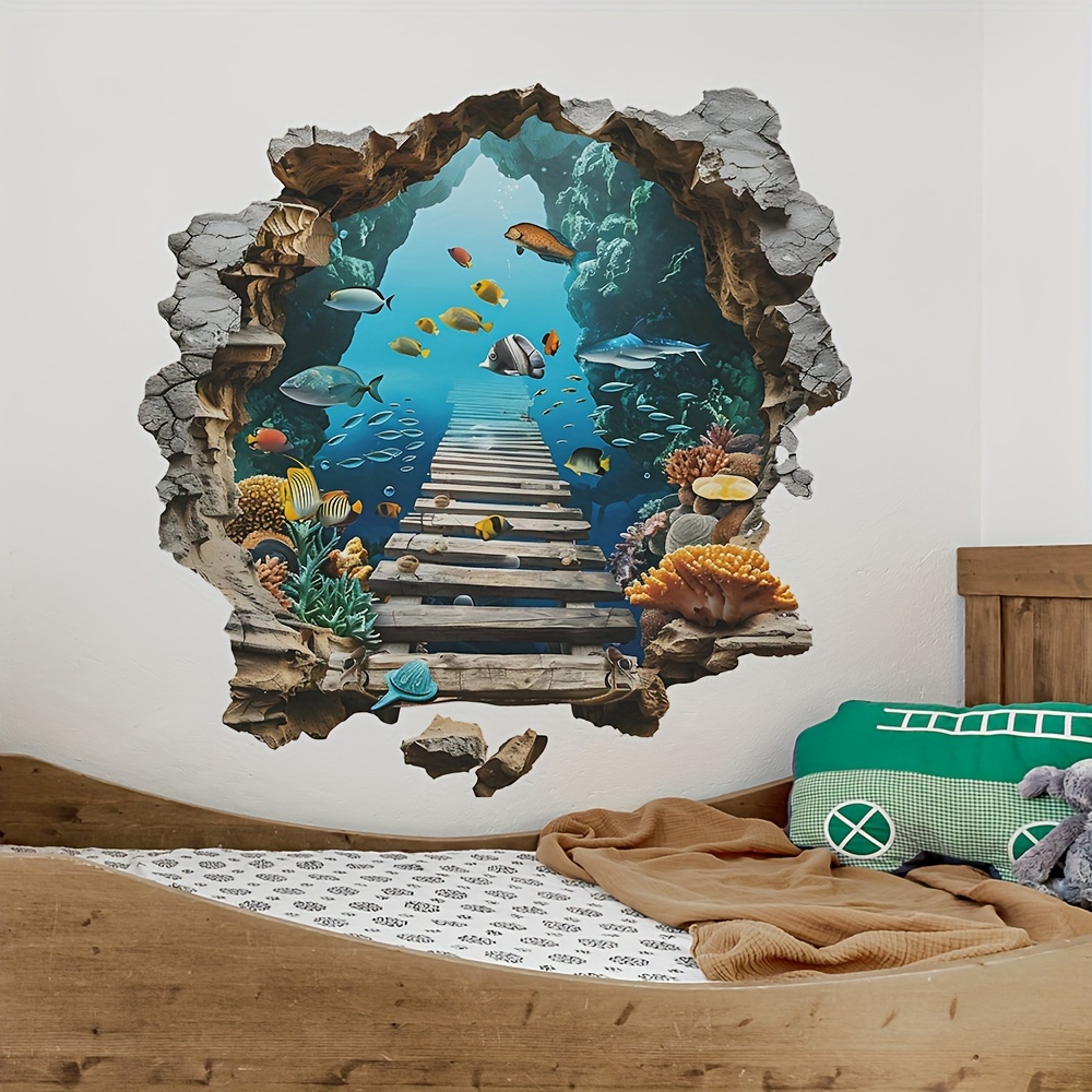 TEMU Art Deco 3d Ocean Floor Wall Stickers - Underwater Sea Life & Peel And Stick Decals - Self-adhesive, Reusable Plastic Murals For Bedroom, Living Room, Dorm Decor