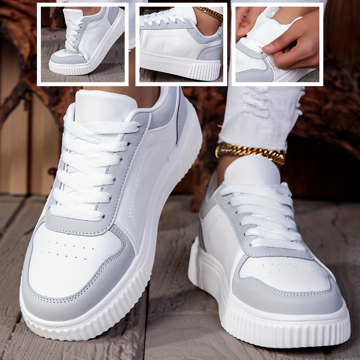 TEMU Flash: Divatos Női Sneakers - Kétárnyalatú Stílusos Sneakers Laza Fűzős Kialakítással, Kényelmes Alacsony Sneakers, Sokoldalú Fehér Cipő Minden