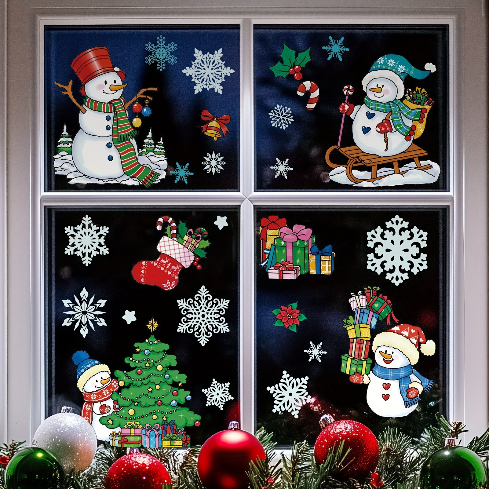 

Multicolor Christmas Window Clings, 6 Sheets, Removable Static Decal Featuring Santa, Snowflakes, And Snowman For Glass Decor