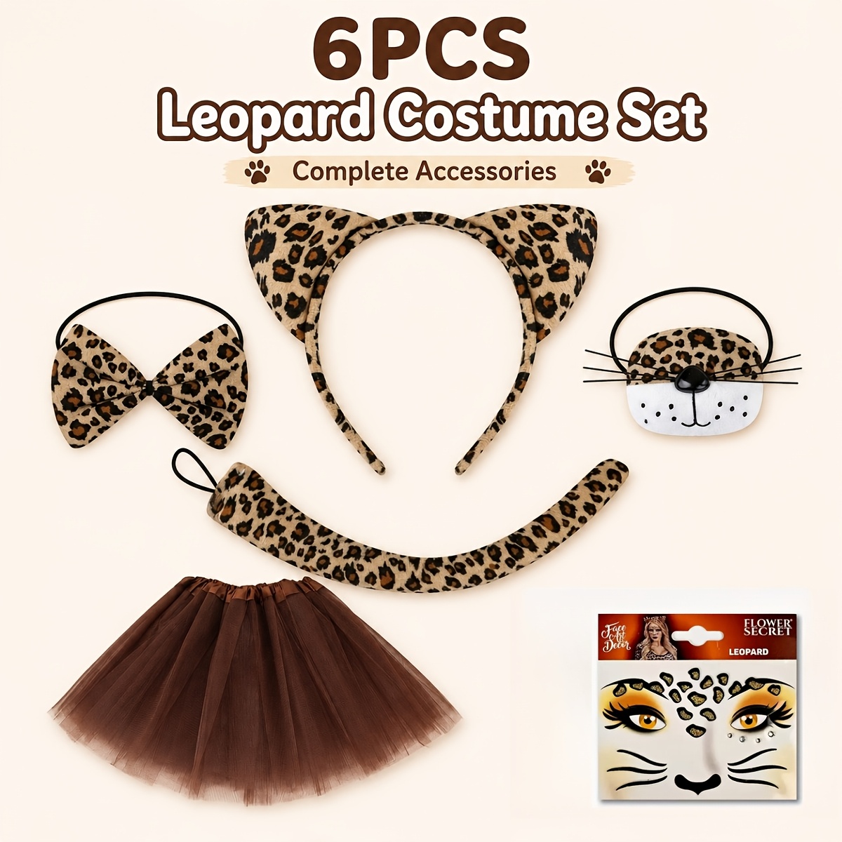 TEMU 6pcs Leopard Costume Accessory Set, Cat Ear Headband, Bow Tie, Tail, Mask, Brown Tulle Tutu Skirt, Face Stickers, Animal Cosplay For Halloween