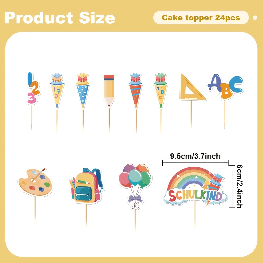 Image of 24/48pcs Back-to-school Themed Cupcake Toppers | Includes Backpack, Candy Bag, Ruler, Pencil Designs For First Day Of School Parties And Back-to- Decorations, Halloween, Christmas