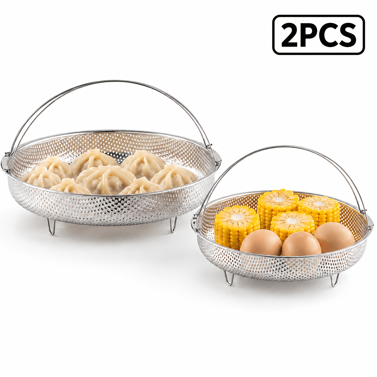 TEMU 2pcs(large Size  Small Size) Household Stainless Steel Perforated Hand-held Draining Basket Plate Vegetable Washing Basket, Fruit Steaming Tray,