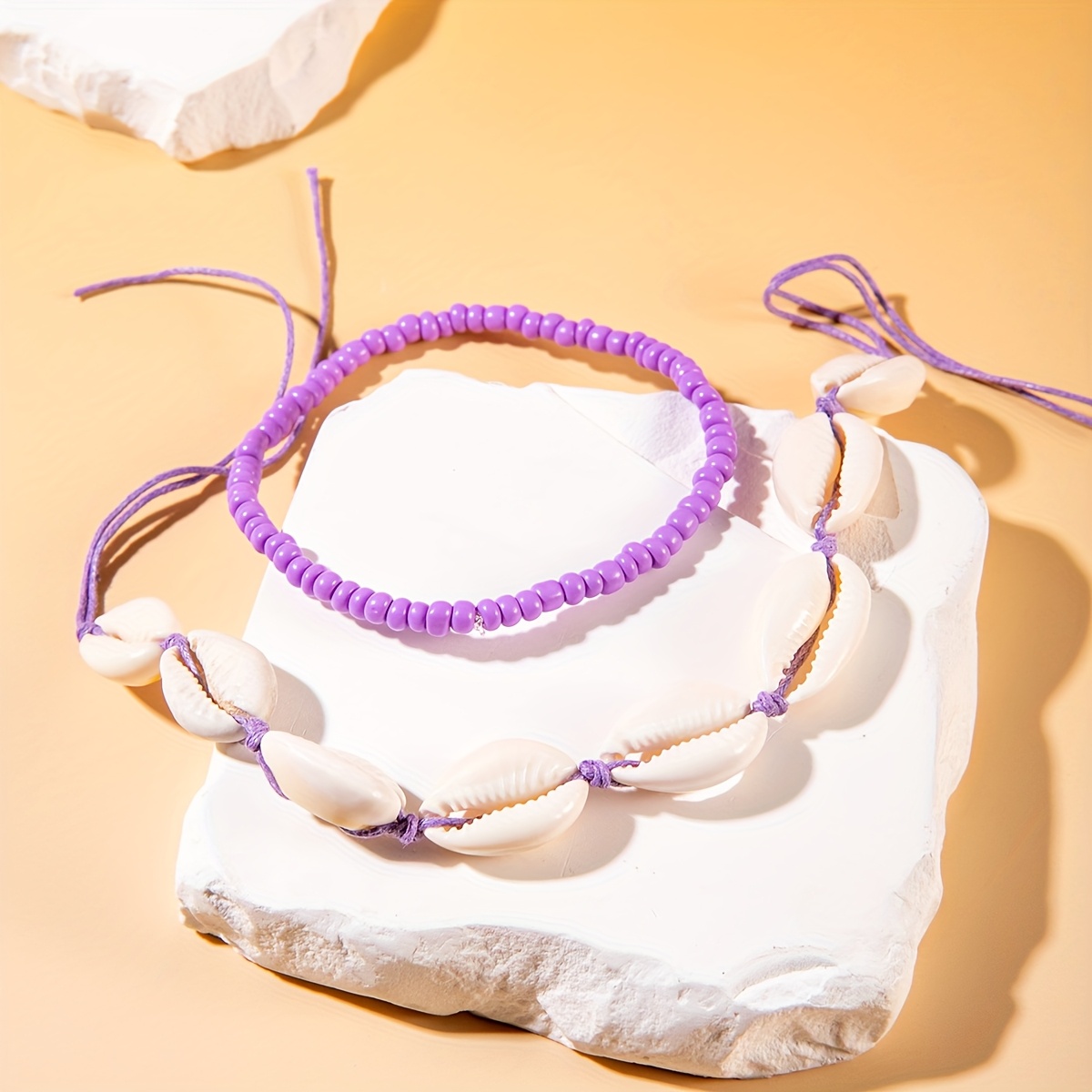 Boho Nautical Shell & Bead Anklet Set - Handwoven Resin Shells & Beads