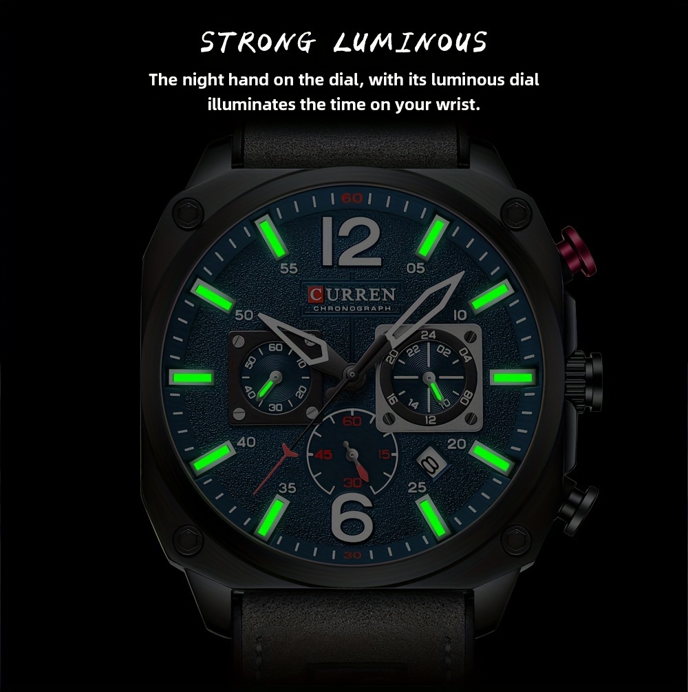 mens fashionable sports watch multifunctional chronograph quartz luminous hands date display   alloy case square dial electronic movement silicone strap   details 7
