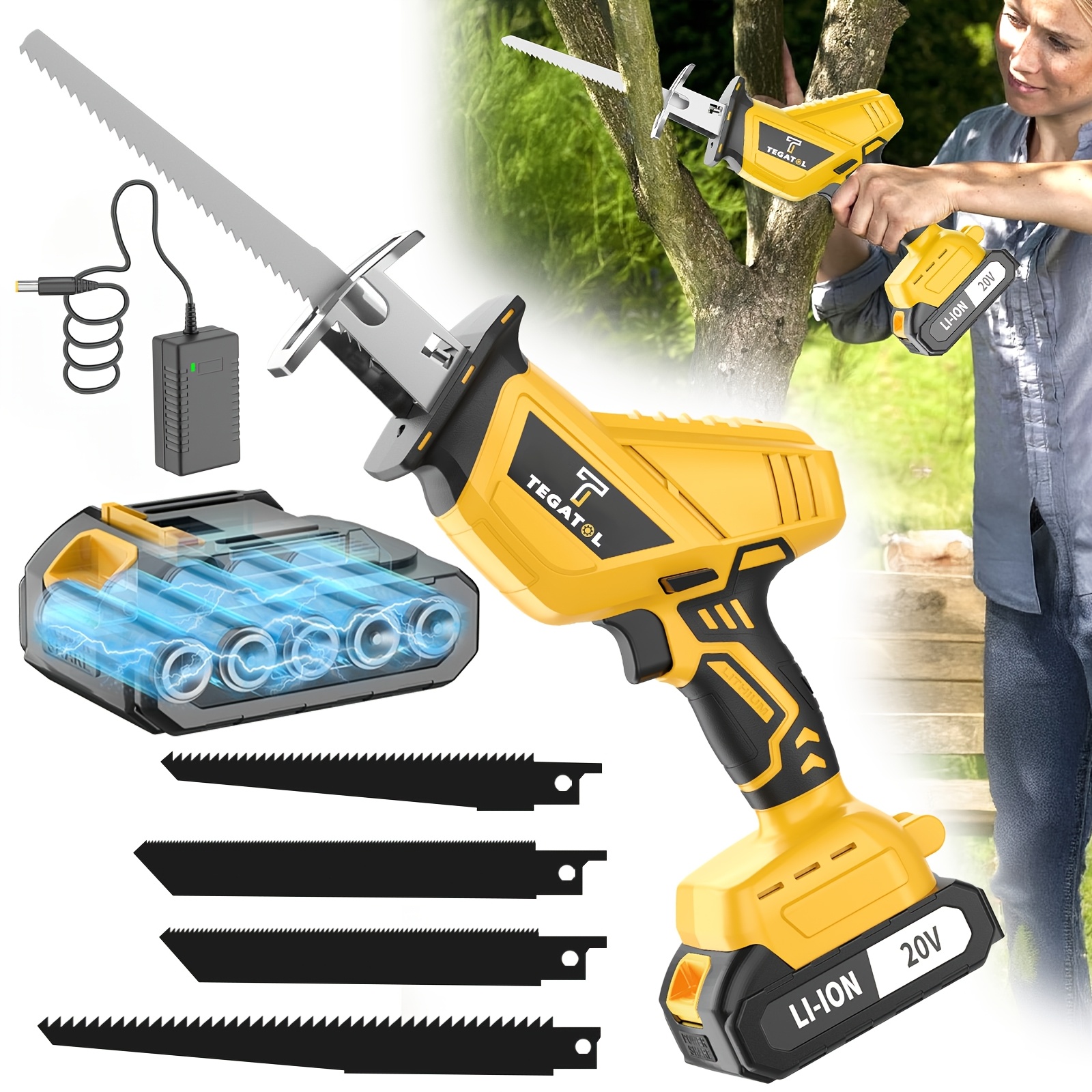 TEMU New Upgraded 20v Electric Reciprocating Saw Set, Cordless Rotary Saw, 4pcs Replacement Saw Blade, Suitable For Cutting Wood/metal/pvc