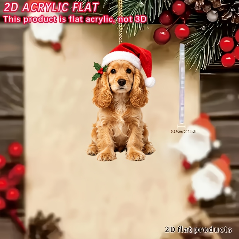 TEMU 2d Flat, 2d Flat 1pc Exquisite And Beautiful Christmas Puppy With Red Hat And Holly Branch Decorative Ornament. Used As A Decorative Pendant For
