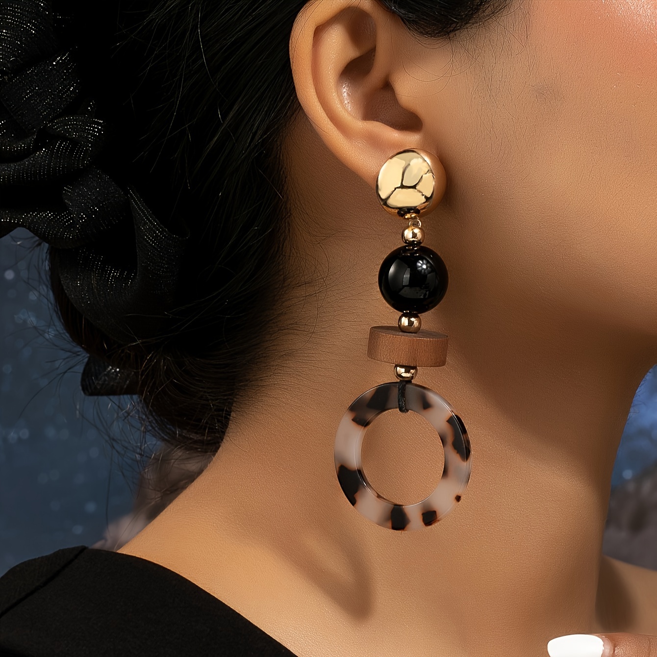 

-chic Long Leopard Print Dangle Earrings With Resin & Wood Accents - Stainless Steel Posts, Fashion For Women