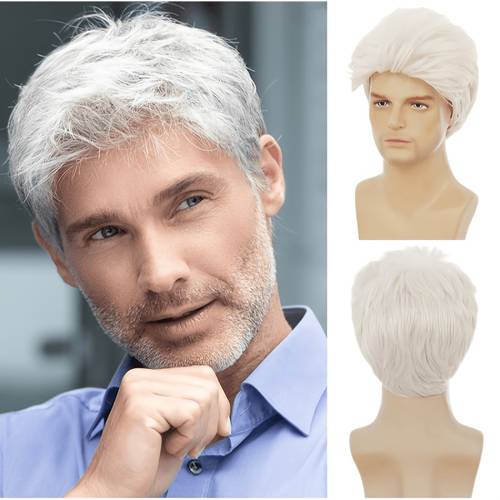 10 inch silvery white mens short textured wig with high temperature material fluffy and neat and not frizzy suitable for middle aged and elderly daily holiday commuting suitable for wearing in multiple