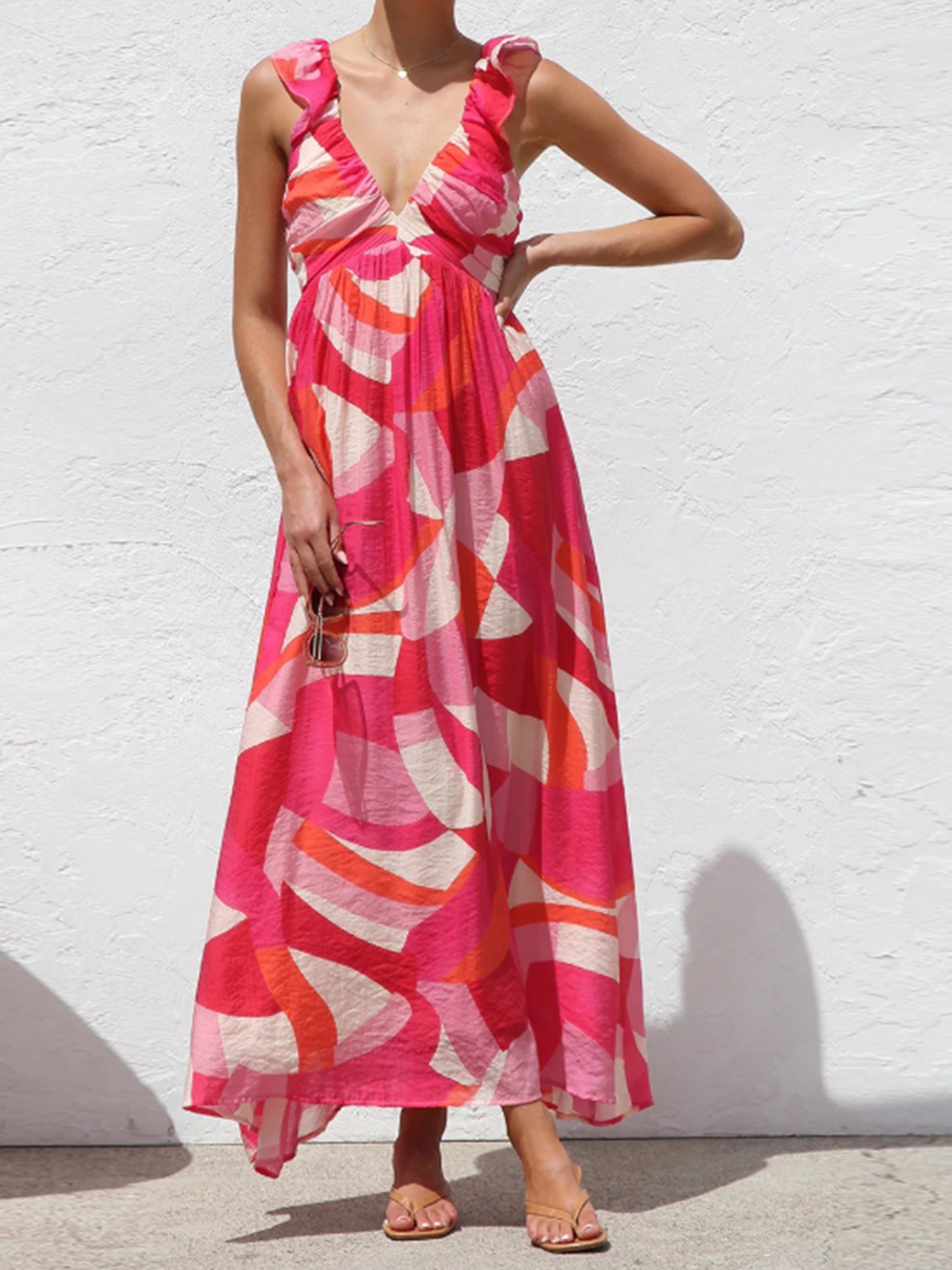 women's bohemian floral paisley print maxi dress with v-neck & tie-front  detail - long sleeve loose a-line cross hem dress for beach vacations,  casual , wear, beach dresses, vacation clothing, flowing skirt