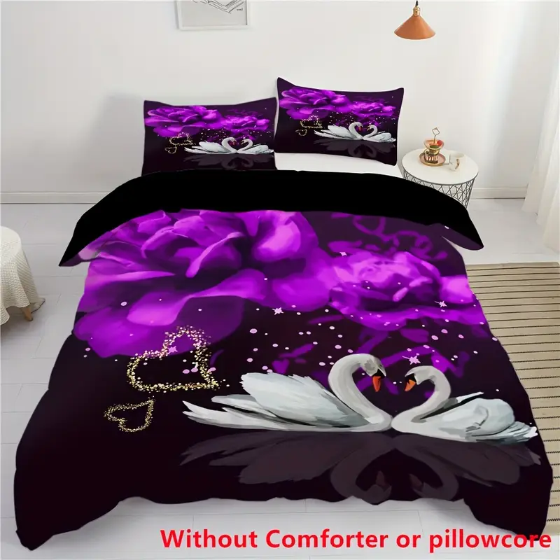 2 3pcs couple love swan purple flower print duvet cover set 1 duvet cover 1 2 pillowcase without core fashion romantic valentines day bedding set for bedroom dorm home decor Product details 1
