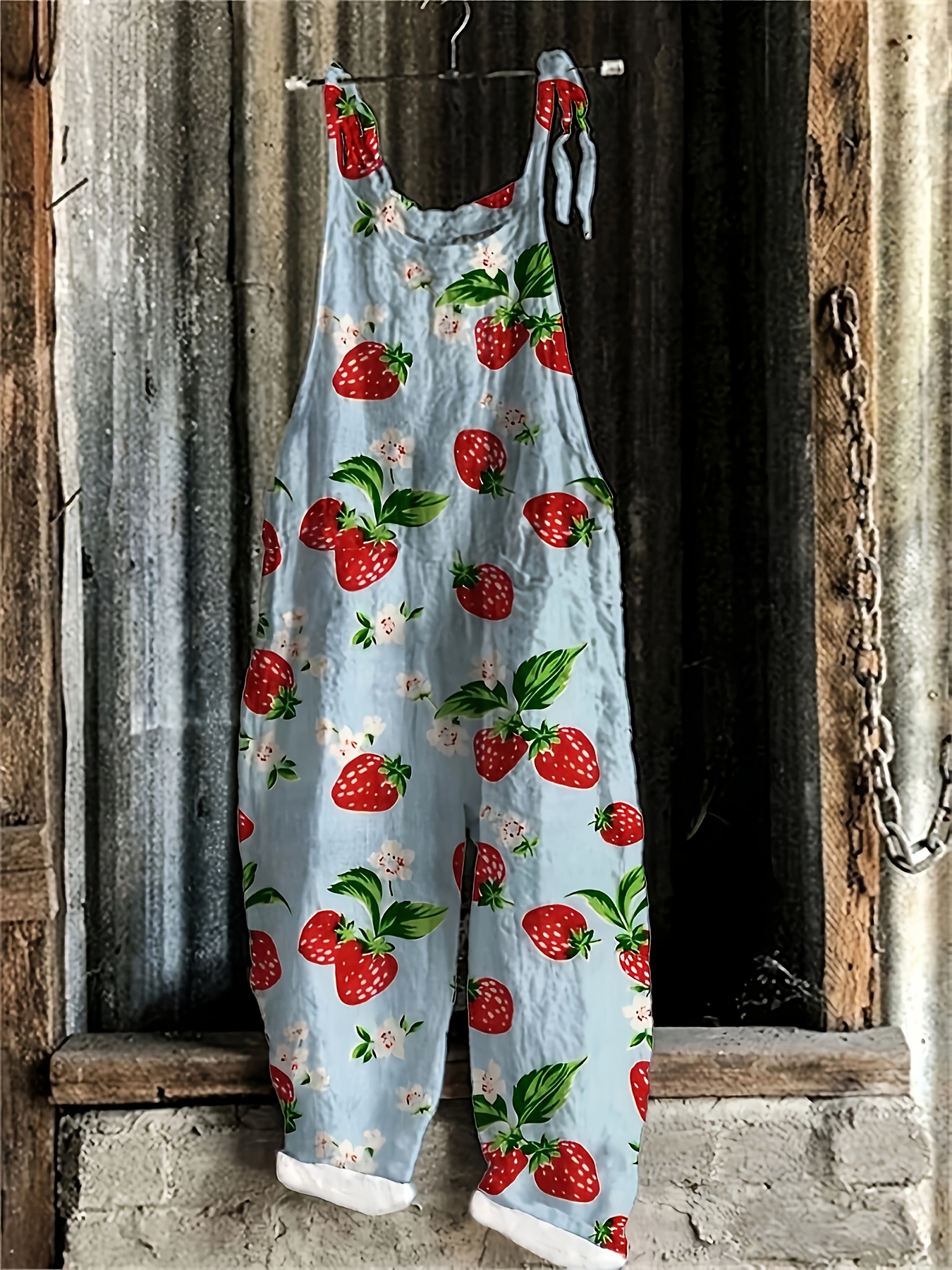 's Strawberry Print Jumpsuit Cute Inspired Romper with Strawberry  Leaf Pattern, Spaghetti Strap Bow Back, Lightweight Spring Summer Fall  Dress
